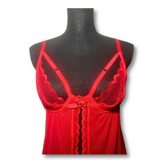 Red Mesh Floral Lace Fairy Goth Coquette Dollette Babydoll Cut Out Top Size M - Picture 2 of 6